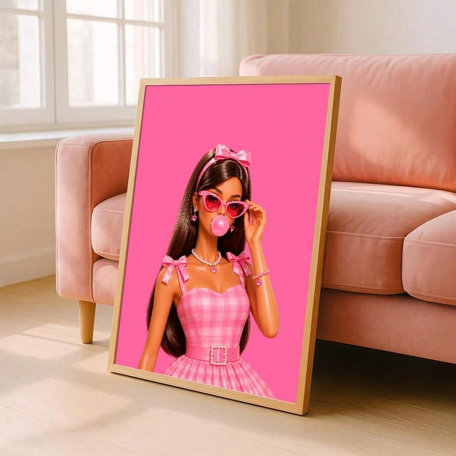 Pink pop art print floor leaning beside sofa showing gold frame and Barbie inspired portrait