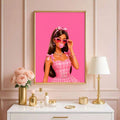 Bubblegum art dresser lifestyle scene with coquette doll print lamp and girly room decor