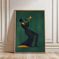 Trumpet poster floor leaning display with mustard yellow horn dark figure and wood frame