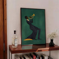 Green wall art shelf or bar mockup with stylized trumpet player and bold negative space