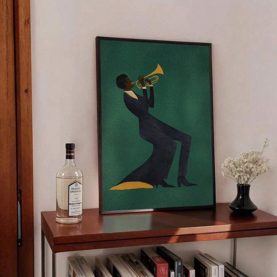 Green wall art shelf or bar mockup with stylized trumpet player and bold negative space