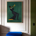 Jazz wall art lifestyle mockup with minimalist trumpet musician on deep green background