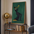 Music room decor console table scene with green jazz musician print and slim frame
