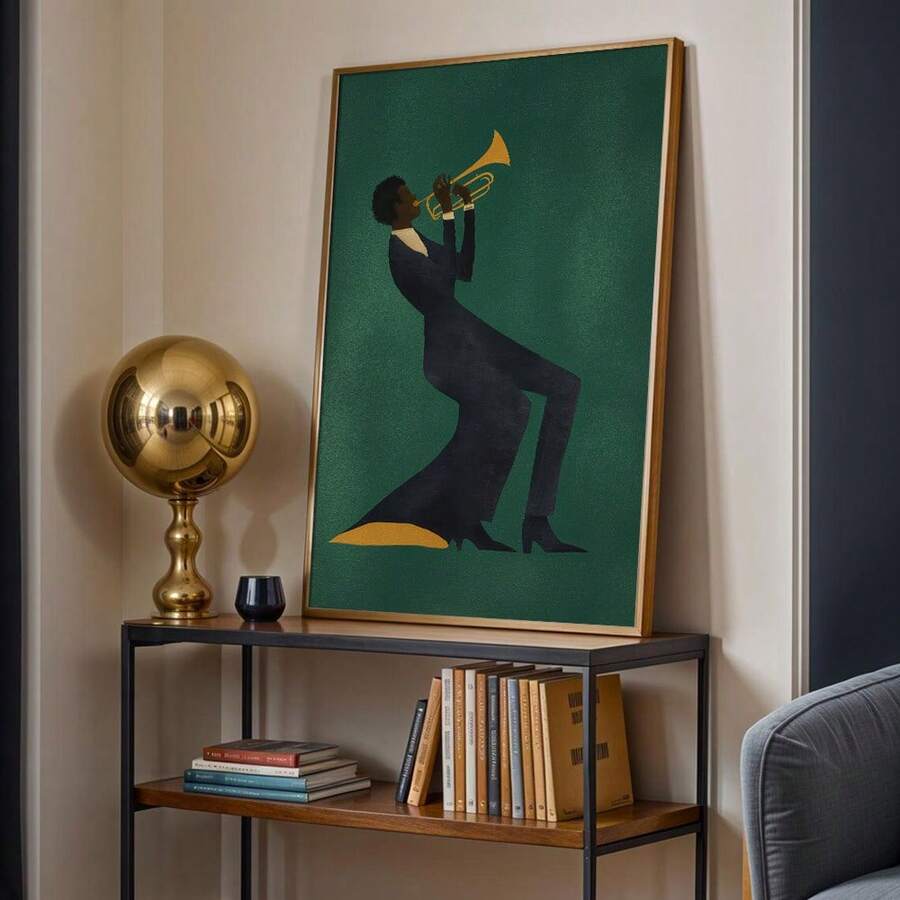 Music room decor console table scene with green jazz musician print and slim frame