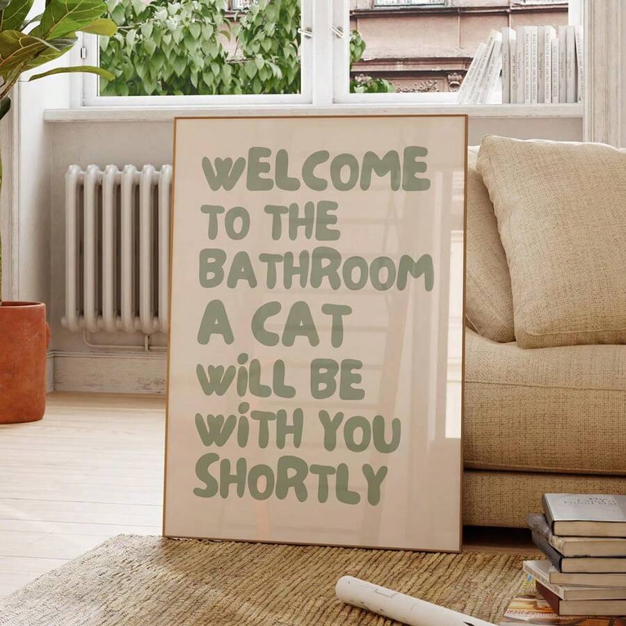Funny cat bathroom quote canvas wall art with sage green typography and cream background