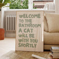Funny cat bathroom quote canvas wall art with sage green typography and cream background