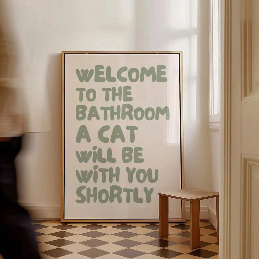 Funny cat bathroom quote canvas wall art with sage green typography and cream background