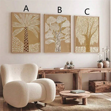 Three-piece framed tree wall art set in beige cream and light wood