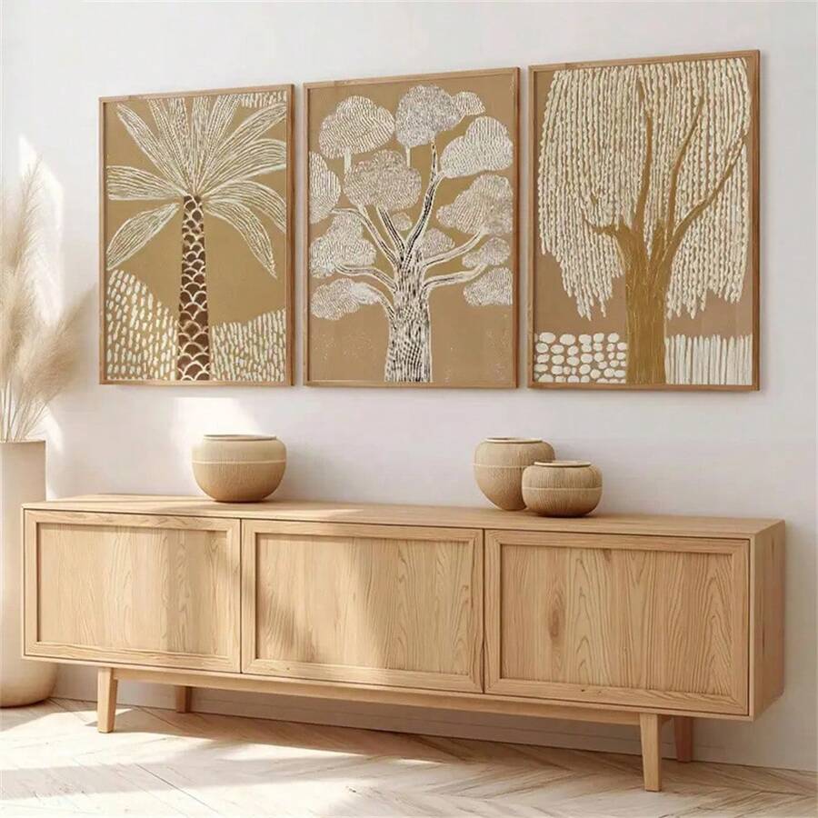 Nature-inspired framed wall art set with warm neutral botanical design