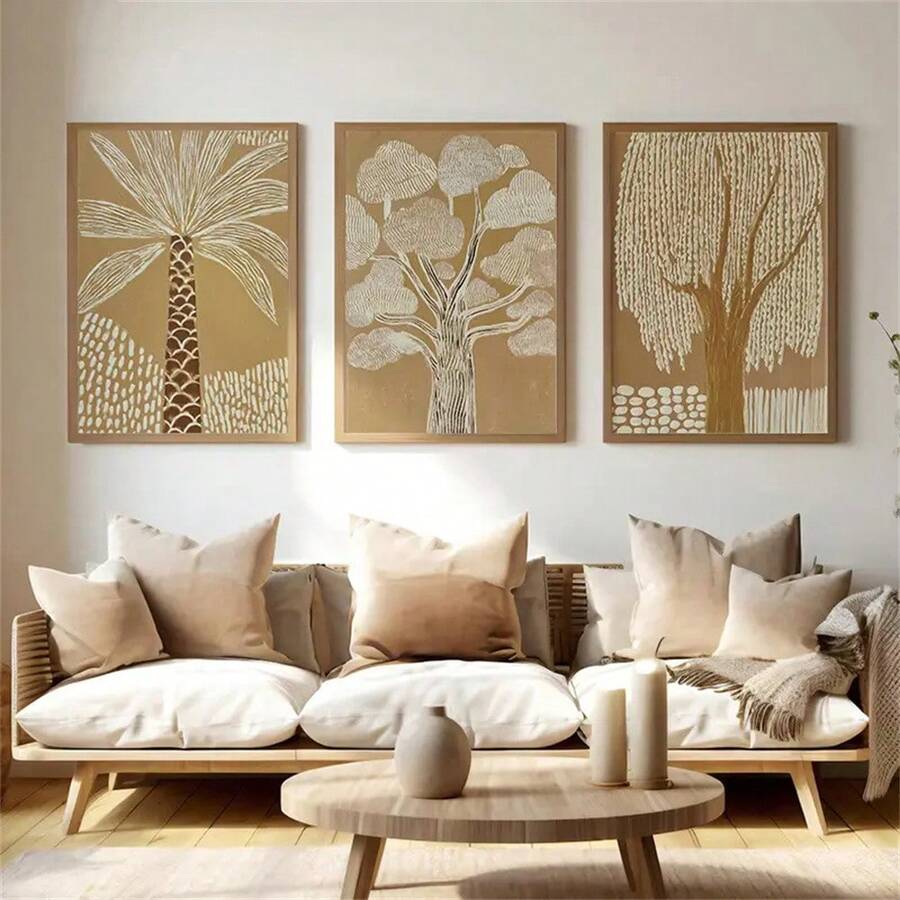Boho Scandinavian tree artwork with rounded canopy and weeping tree