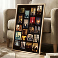 Framed urban poster close view showing amber blue red and teal apartment windows