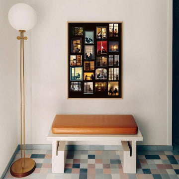 City wall art above bench with glowing apartment windows and warm night colors