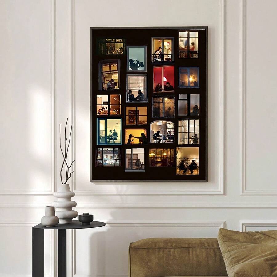 Night city windows wall art above bench with warm lit apartments and dark facade