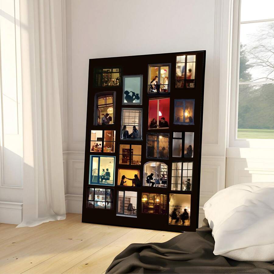 Cozy apartment decor leaning in bedroom with lit window silhouettes and city scenes