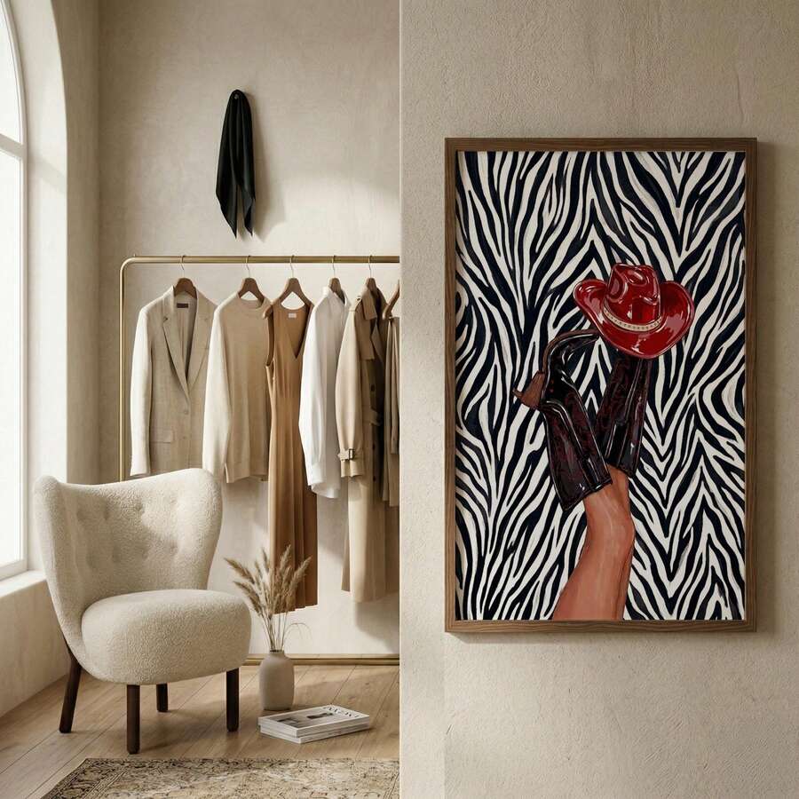Red cowboy hat and dark brown boot artwork on a black-and-white zebra ground