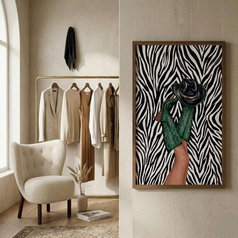 Black cowboy hat and green boot artwork on a black-and-white zebra ground