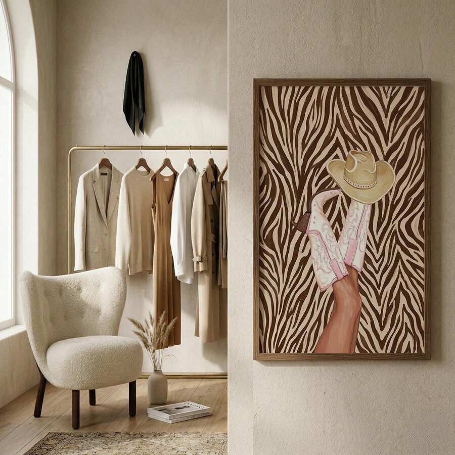 Tan cowboy hat and pink boot artwork on a brown zebra ground in a dressing room
