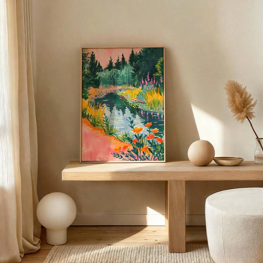 Colorful forest landscape artwork leaned on a console table