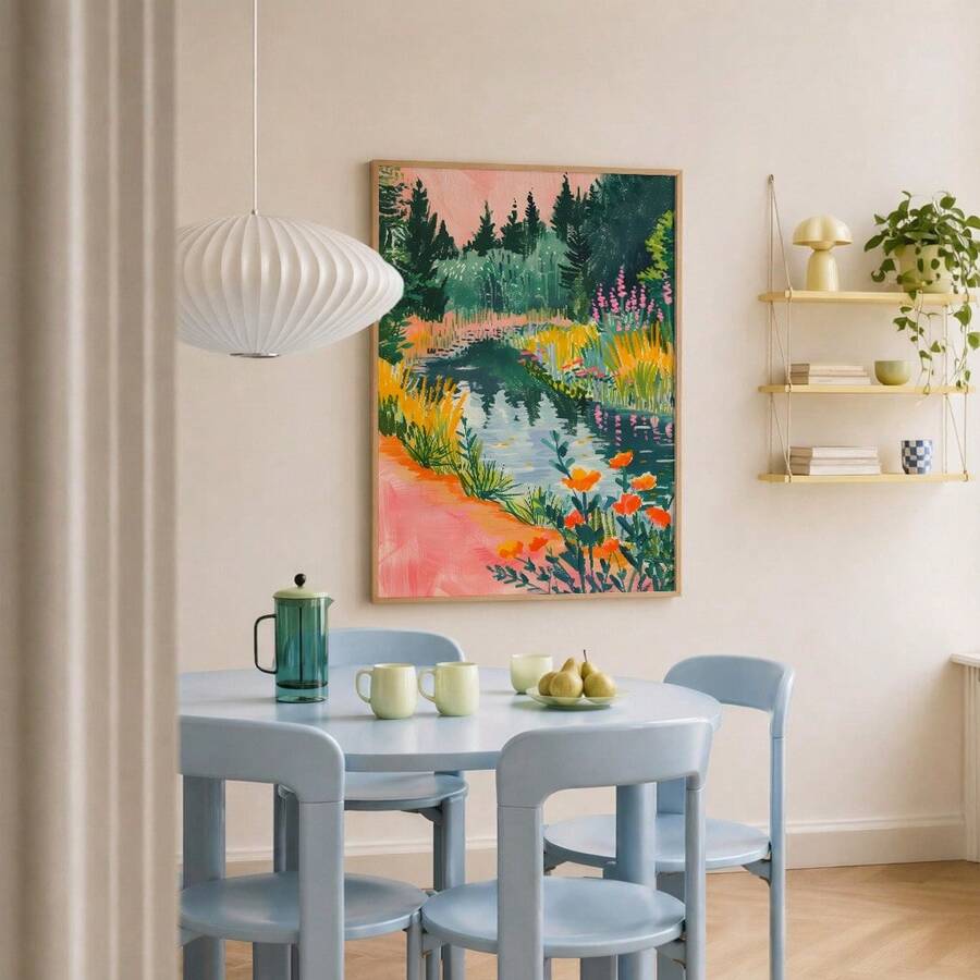 Framed colorful forest landscape wall art displayed in a dining room