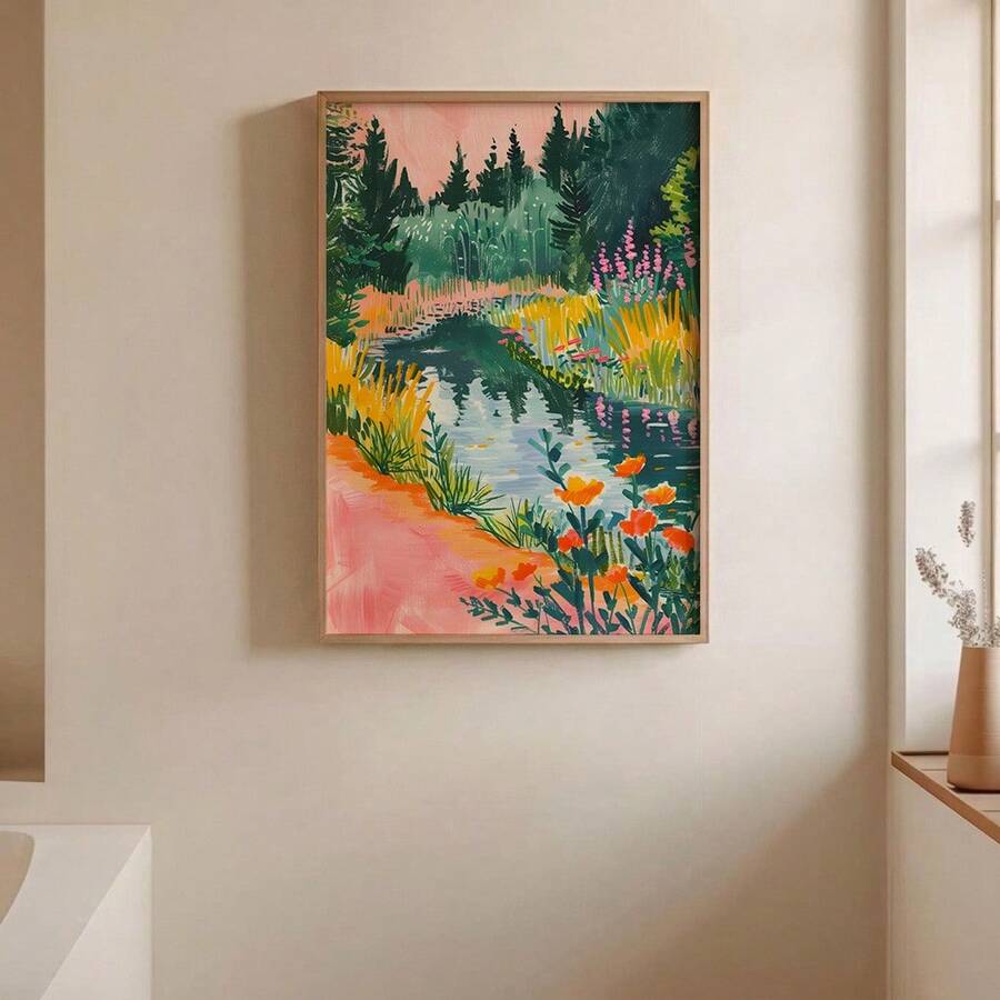 Impressionist woodland pond poster in a light wood frame in an entryway