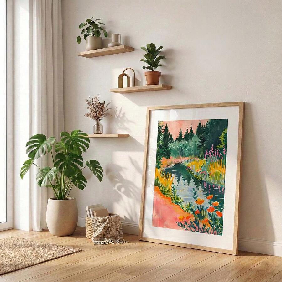 Matted colorful landscape poster displayed in a living room corner