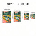 Size guide for colorful forest landscape poster in four portrait sizes