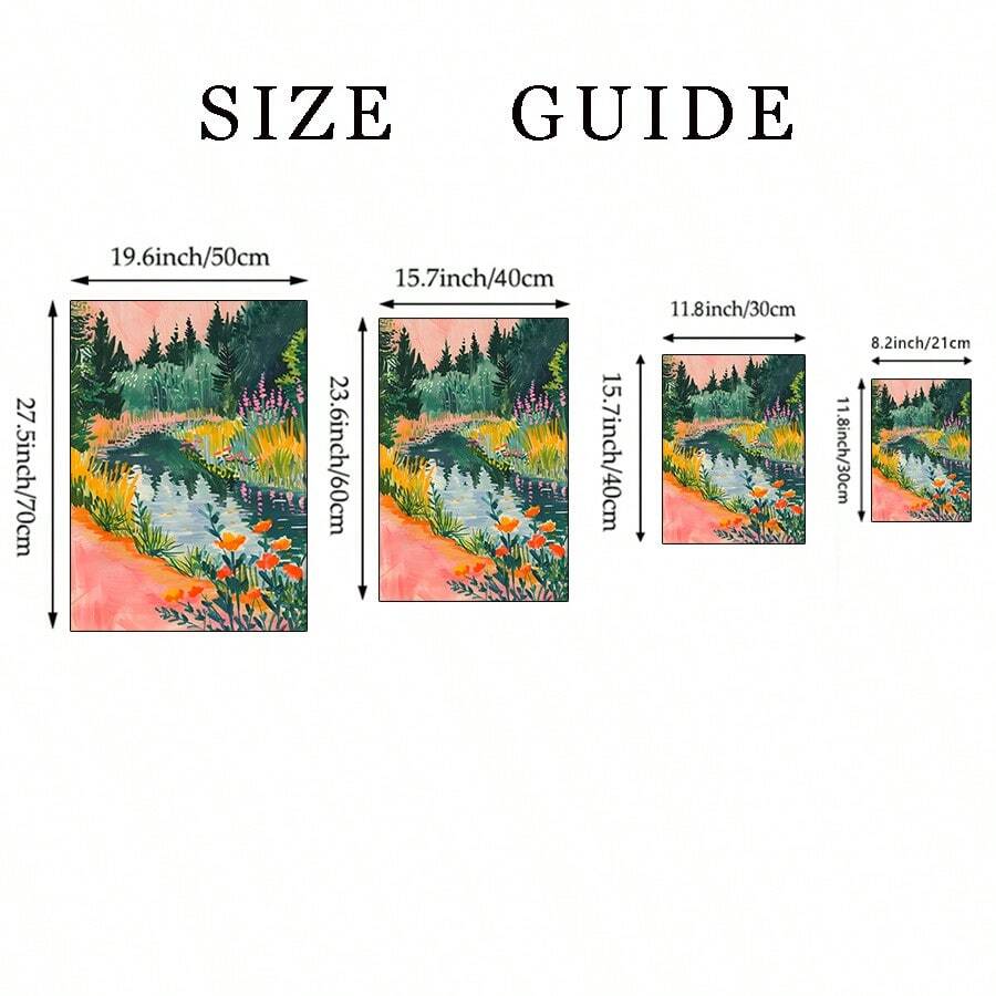Size guide for colorful forest landscape poster in four portrait sizes