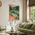 Wooden hanger scroll display of colorful forest landscape artwork