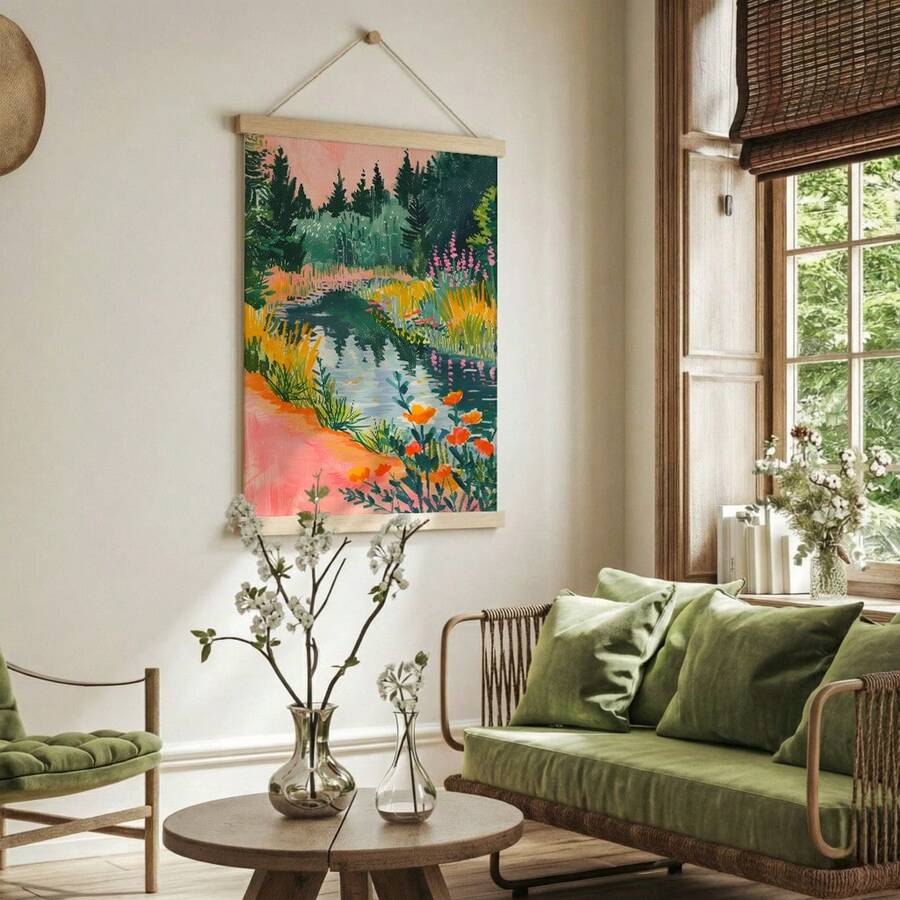 Wooden hanger scroll display of colorful forest landscape artwork