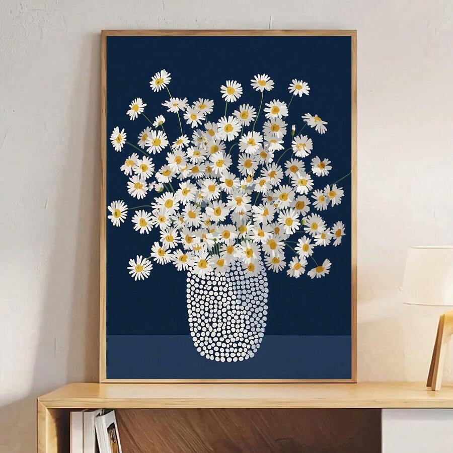 Daisy poster shelf display with white flowers yellow centers dotted vase and neutral decor