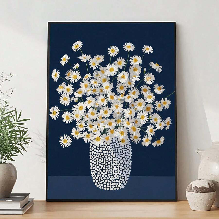Blue daisy wall art floor leaning with white flowers navy background books and plants
