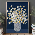 Blue floral wall art hero lifestyle scene with wood frame books plants and navy still life