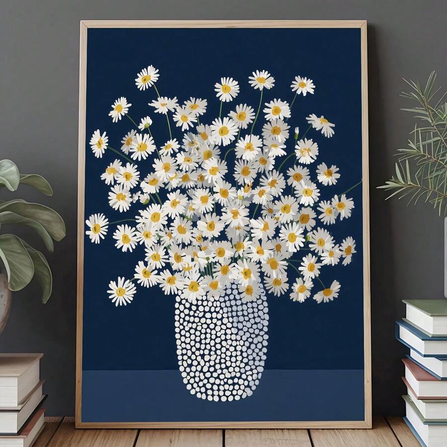 Blue daisy wall art floor leaning with white flowers navy background books and plants