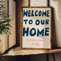 Hand-drawn welcome home wall art in a natural wood frame beside window blinds