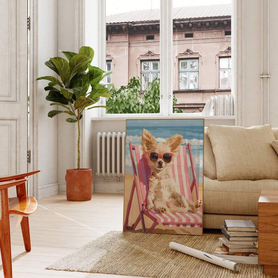 Funny chihuahua beach canvas with ocean waves and pink chair