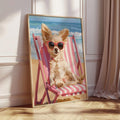 Coastal pet poster showing small dog in sunglasses at beach