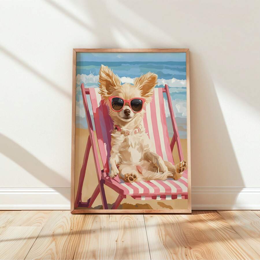 Framed poster of chihuahua wearing red sunglasses on pink beach chair by ocean