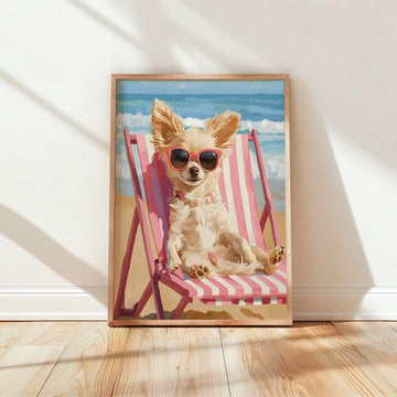 Framed poster of chihuahua wearing red sunglasses on pink beach chair by ocean