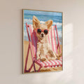 Cute summer dog wall art with chihuahua relaxing on striped beach chair