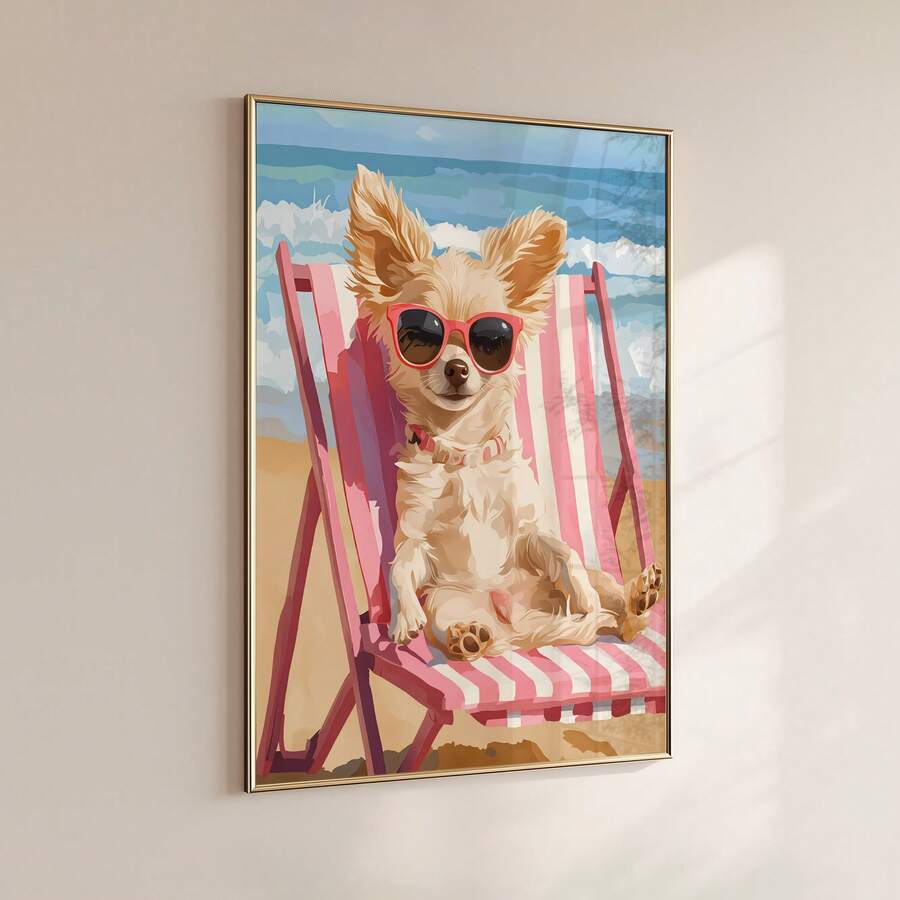 Cute summer dog wall art with chihuahua relaxing on striped beach chair
