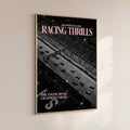 canvas option view of Vintage motorsport wall art showing racing cars on a track with grandstand crowd, black and white photo styling and pale pink RACING THRILLS typography.