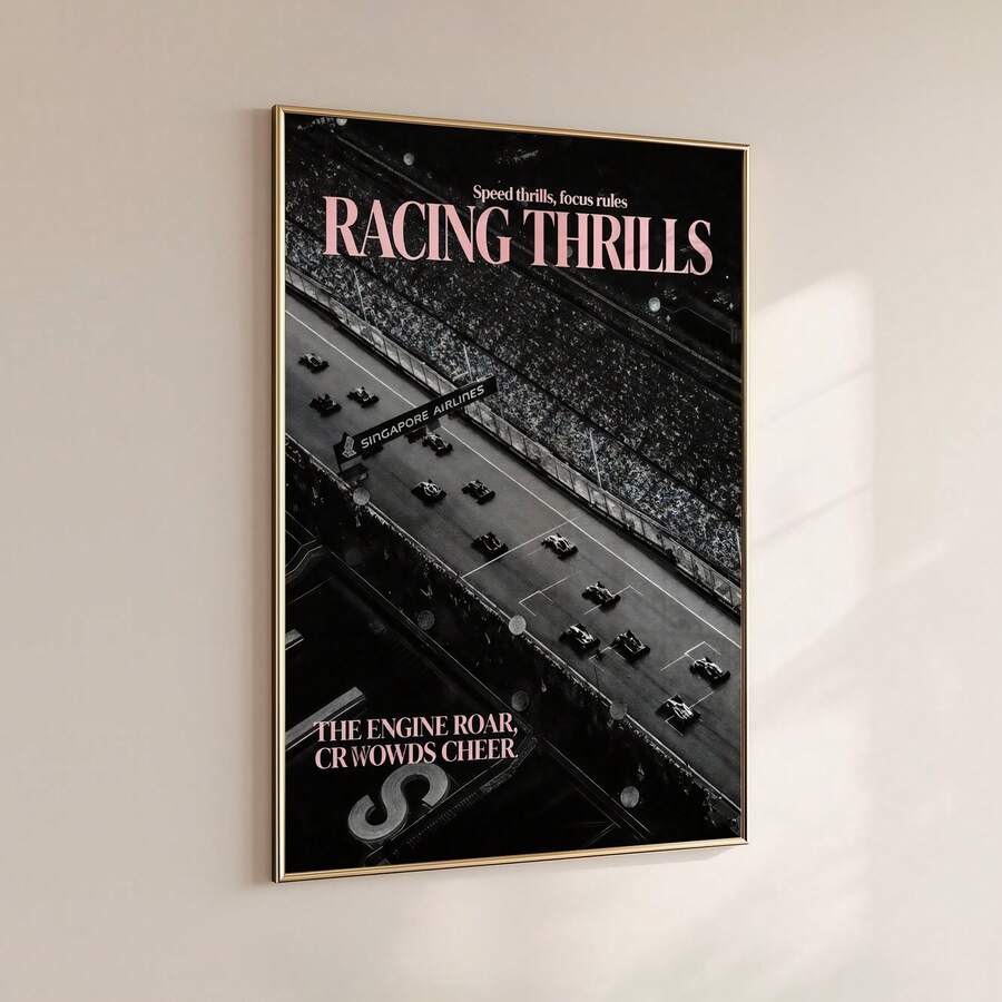canvas option view of Vintage motorsport wall art showing racing cars on a track with grandstand crowd, black and white photo styling and pale pink RACING THRILLS typography.