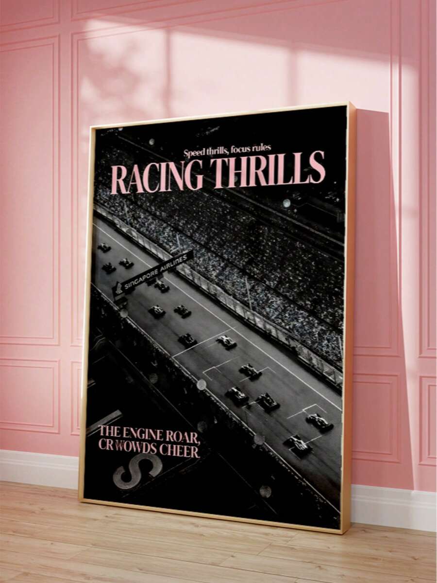 front framed view of Vintage motorsport wall art showing racing cars on a track with grandstand crowd, black and white photo styling and pale pink RACING THRILLS typography.