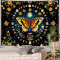 Black celestial butterfly tapestry with moon phases stars and flowers