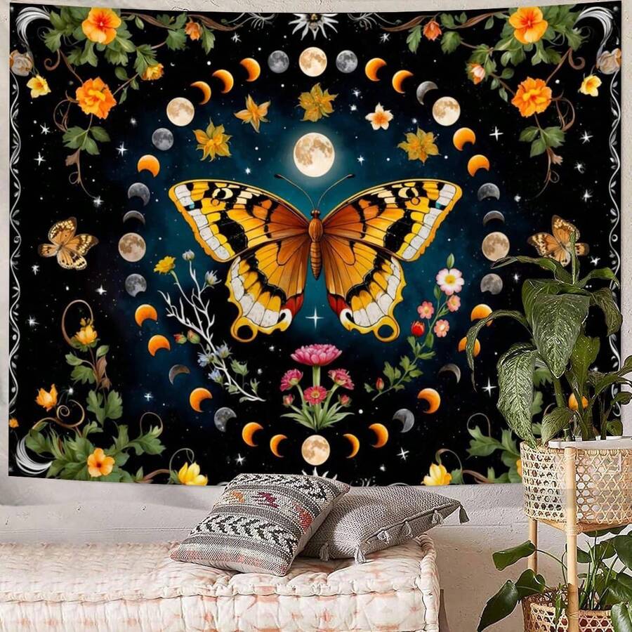 Black celestial butterfly tapestry with moon phases stars and flowers