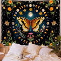 Moon phase butterfly wall hanging with black gold orange and floral artwork