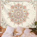 Decorative printed tapestry shown as living room sofa wall accent