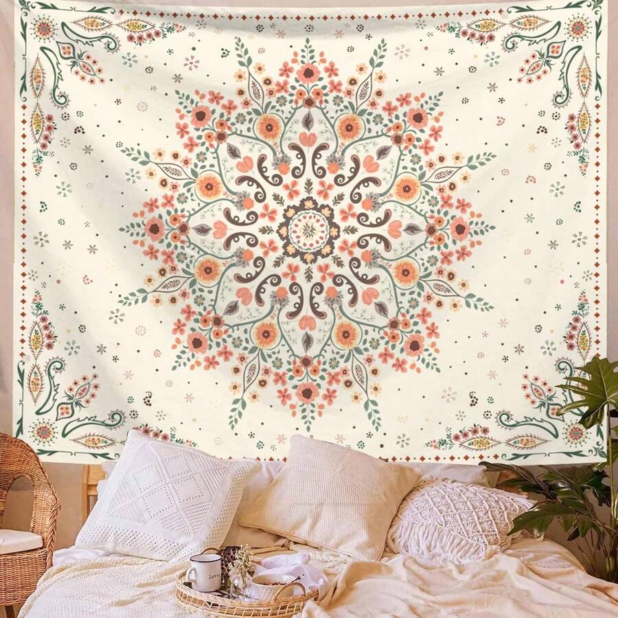 Decorative printed tapestry shown as living room sofa wall accent