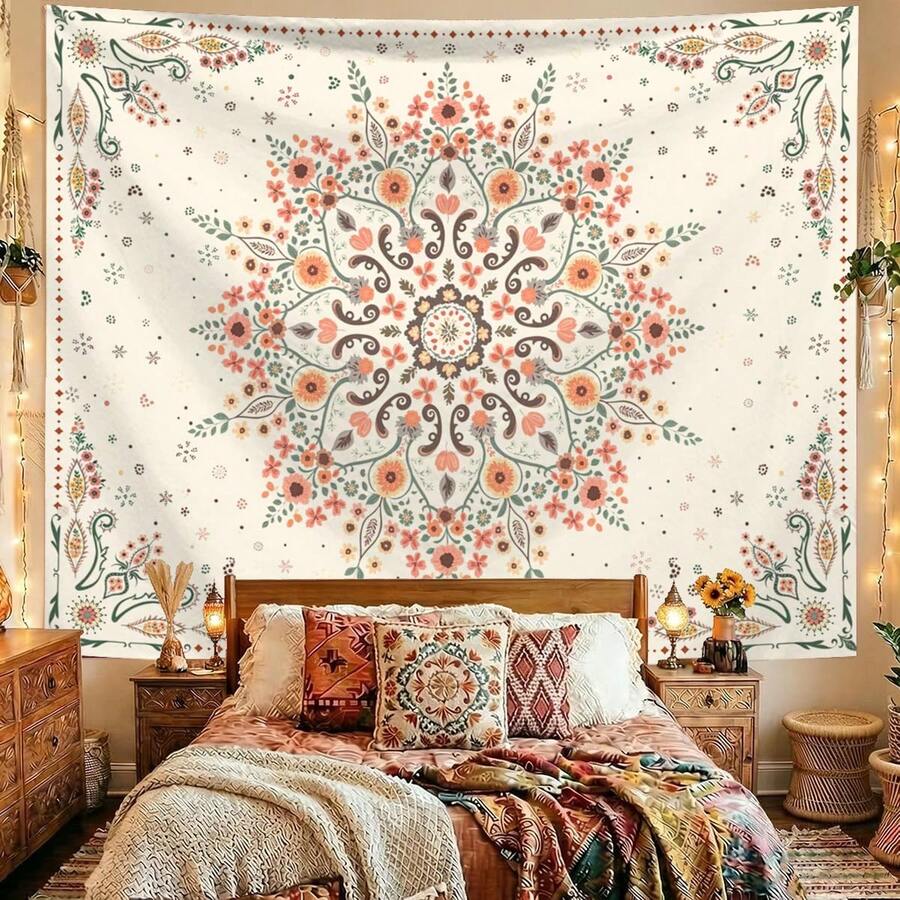 Cream boho floral mandala tapestry with coral teal sage and brown details