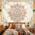 Cream boho floral mandala tapestry with coral teal sage and brown details